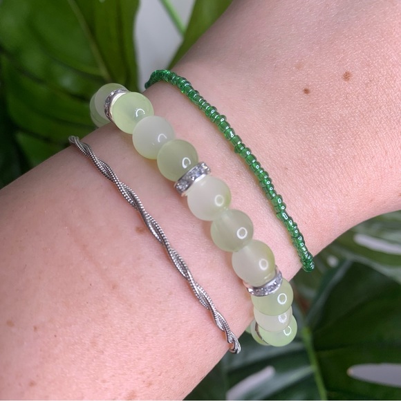 Green & Silver Glass Beaded Mix Heart Bracelet Stack Set of 3 Bundle | Gift - Picture 1 of 4